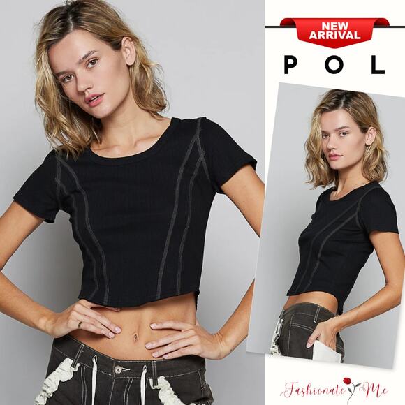 POL Contrast Stitching Round Neck Short Sleeves Stretch Cropped T-Shirt | Black - Picture 1 of 4